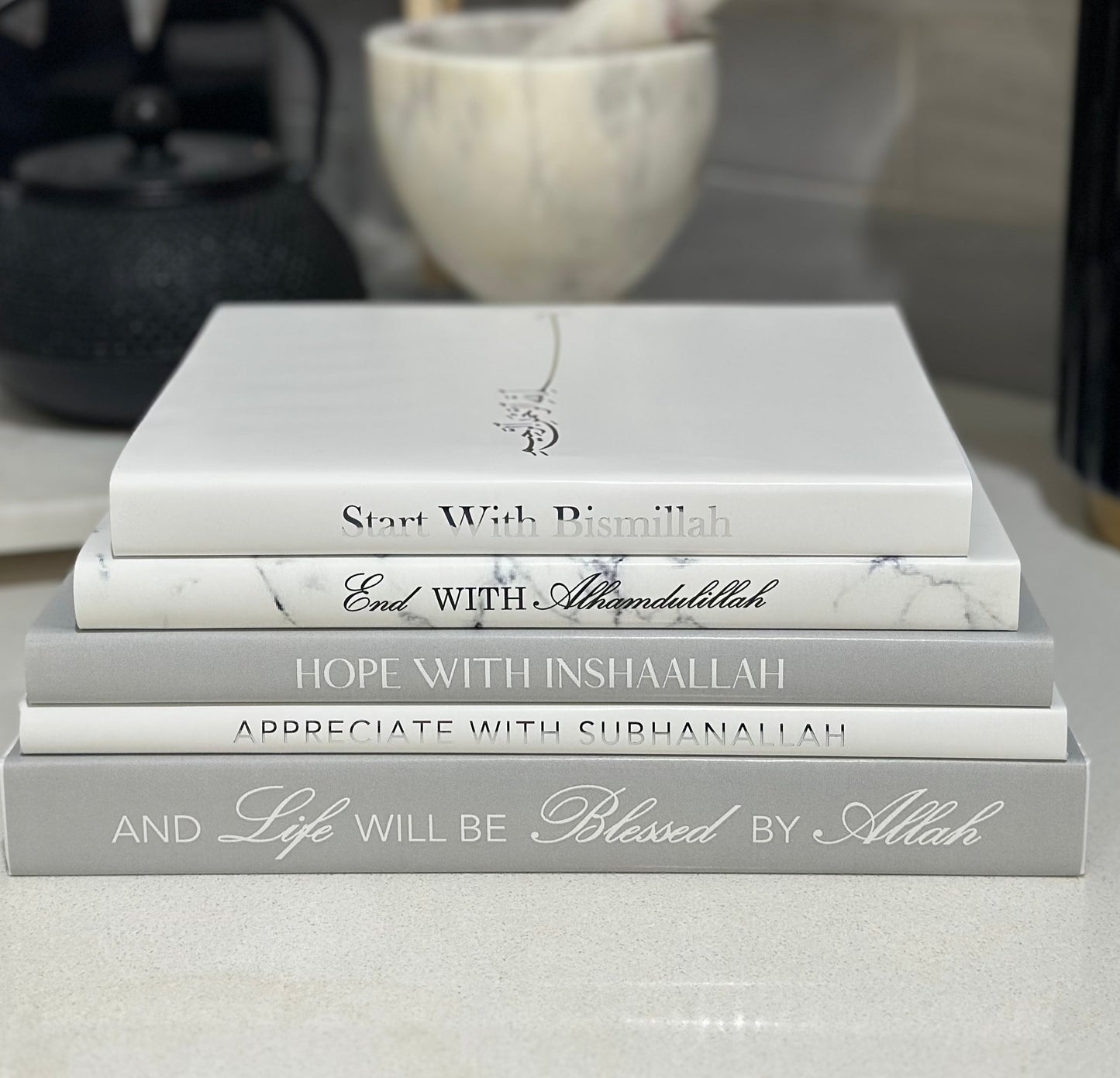 Islamic Inspired Book Stack Grey White Silver Marble